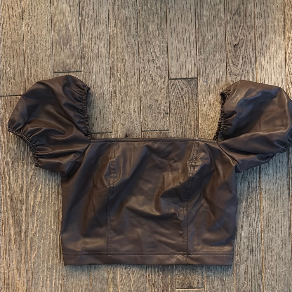 7 for all Mankind leather Brown Puff Sleeve Crop Top